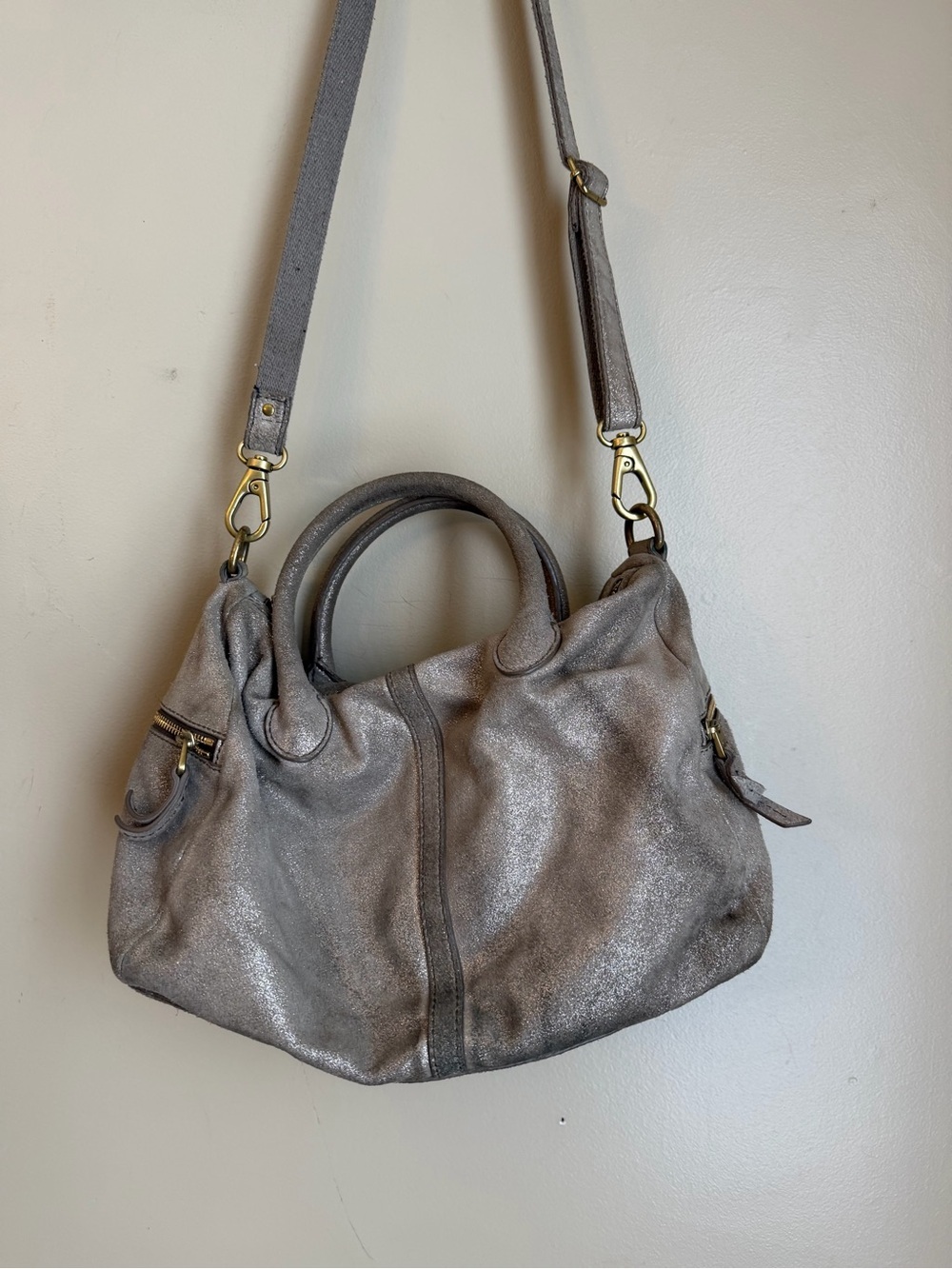 Fossil Metallic Bronze Satchel Double Handles Detachable Strap Slouchy Grunge - Picture 1 of 11